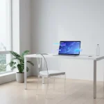 Espace de travail minimaliste et futuriste avec technologie IA en 2026