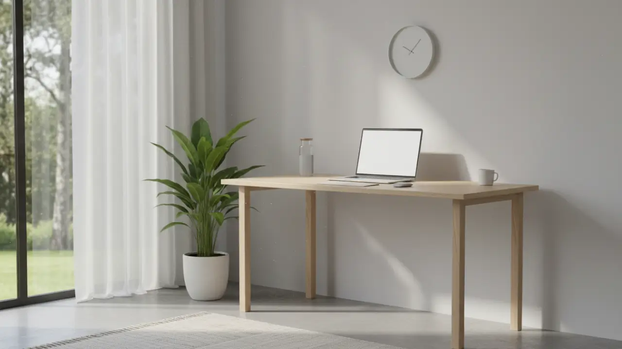 Espace de travail minimaliste et lumineux avec bureau en bois, ordinateur portable, plante verte et horloge murale, illustrant une productivité sereine sans burn out.